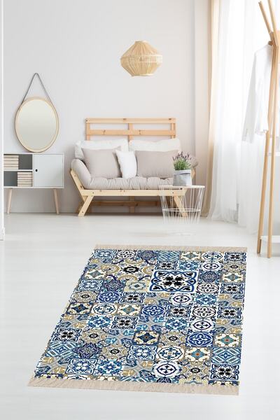 on the clouds Çini Desenli Etnik Dijital Baskı Yıkanabilir Kaymaz Taban Salon...