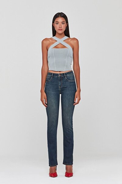 Pantamo Jeans Pantamo Orta Ton Efektli Kirletilmiş Mavi Straıght Women's Jeans