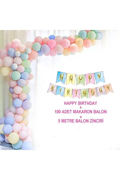 Bkmc Karışık Makaron Pastel Balon Seti Happy Bırthday Yazısı Makaron 5 Metre ...