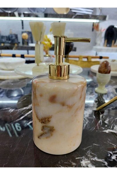 Sümeyra Marble Art Light Sugar - Natural Yellow Moire Marble Bathroom Set 3 Pieces | Gold Footed |