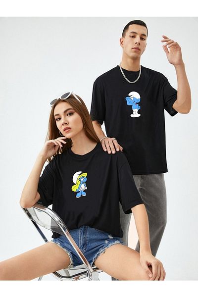 AFROGİYİM Μαύρο μπλουζάκι Unisex Double Cute and Smurf Printed Oversize