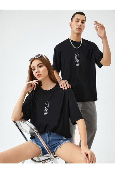 AFROGİYİM Μαύρο μπλουζάκι Unisex Double You Printed Oversize