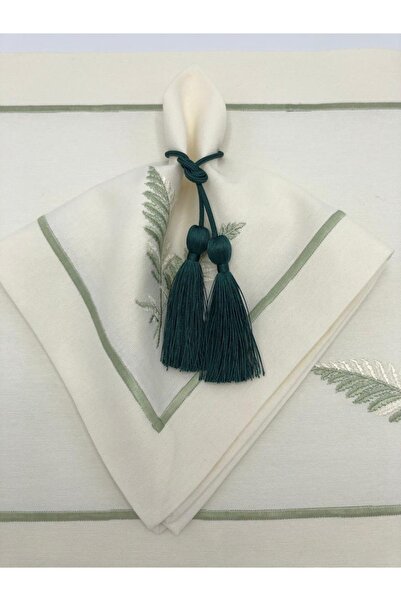 KATMERTEKS 12 Adet Ördek Yeşili Peçete Yüzük Halkası Püskül Bağlamalı Model