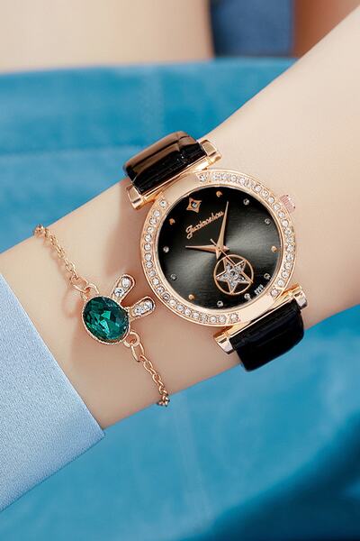 Gogoey Kadın Kol Saati + Bileklik Lüks Moda Şık Trend Set Saat Siyah Rose Gold
