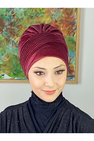 BUTİKAMBAR Saray Model Bordo Simli Yan Drapeli Dış Bone