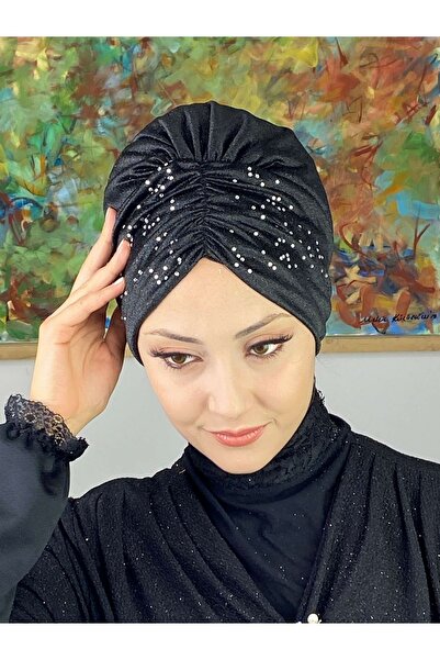 BUTİKAMBAR Sultan Model Siyah Simli Büzgülü Dış Bone