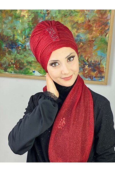 BUTİKAMBAR Hürrem Red Single Unique Glittery Scarf Bonnet