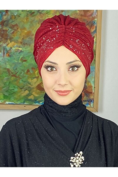 BUTİKAMBAR Sultan Model Kırmızı Simli Büzgülü Dış Bone