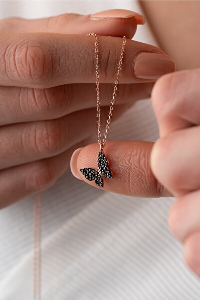 Nereze 925 Ayar Gümüş Rose Siyah Taşlı Minik Kelebek Kolye