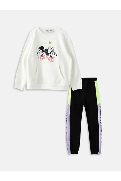LC Waikiki Crew Neck Minnie and Mickey Mouse Printed Long Sleeve Girl's Sweatshirt and Sweatpants