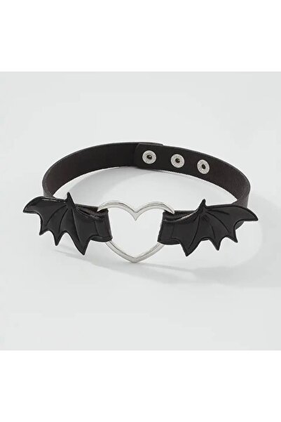 oldskoolbutik قلادة جلدية على شكل قلب الخفافيش