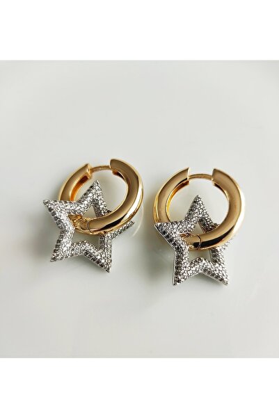 JustGAF Altın / Gold Renk Halka Zirkon Taşlı Yıldız Küpe