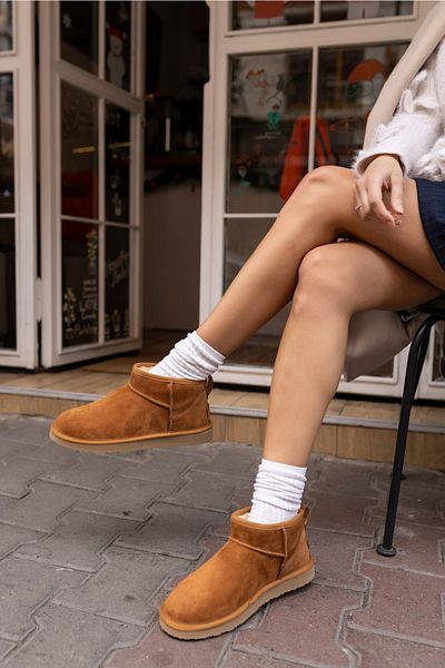 ANGELİNA JONES Joyy Women's Tan Genuine Leather Suede Ultra Mini Boots
