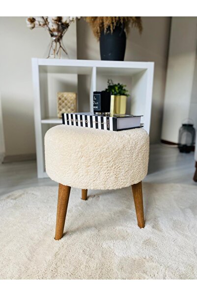 WEBPANYA Gürgen Ahşap Ayak Krem Teddy Kumaş Pofidik Puf