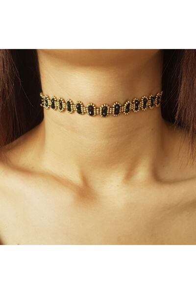 Handmade By HLY El Yapımı Gold Siyah Baget Kesim Model Choker