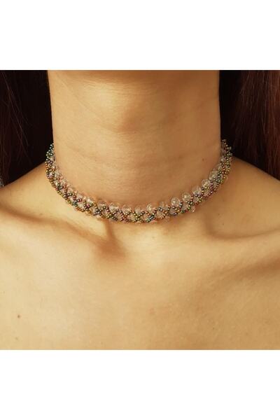 Handmade By HLY El Yapımı Şeffaf Karışık Renk Choker Kolye