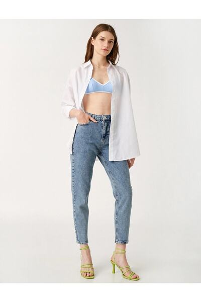 LİMABEL Blue Colorfast Mom Jean pentru femei cu talie înaltă