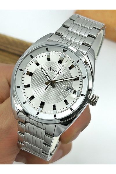 Ferrucci Special Design Men's Wristwatch with Calendar 3 Atm Waterproof Silver Color Steel Cord