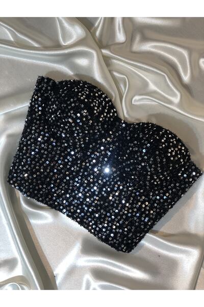 Miss Monalisa Moda Gümüş Payet Crop Astarlı Korse Detaylı Büstiyer