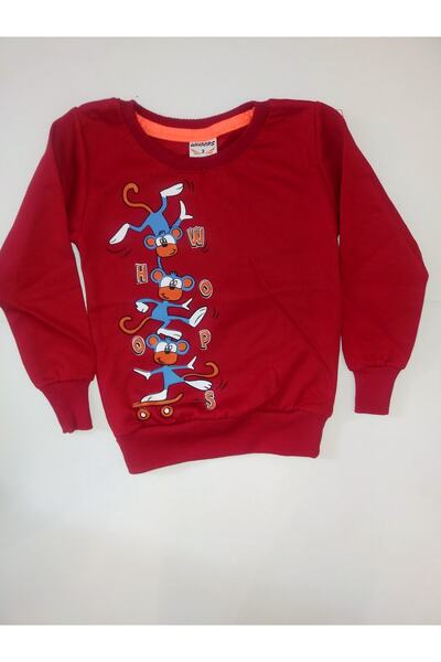 Erkek Çocuk Önü Ve Sırtı Maymun Baskılı Kırmızı Sweatshirt
