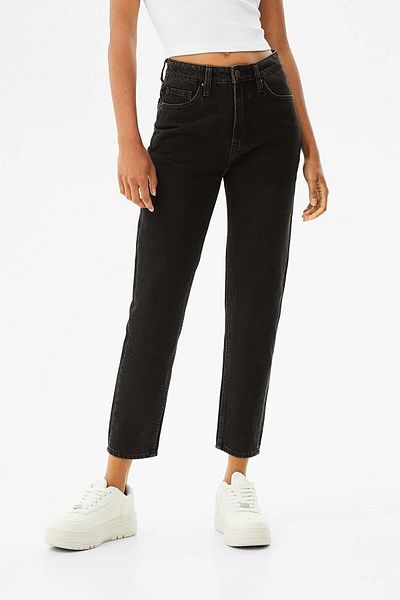 Trn JNS Pantaloni negri Mom Jean pentru femei Boyfriend cu talie înaltă Power Lycra