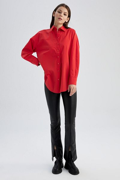 DeFacto Oversize Fit Shirt Collar Poplin Long Sleeve 100% Cotton Tunic