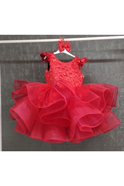 NGS STİL Kırmızı Üç Boyutlu Kaplamalı Grenli Marul Elbise