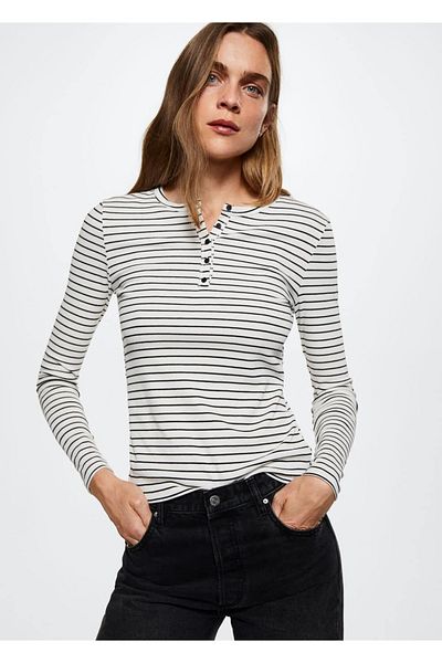 MANGO Woman Tricou cu dungi cu nasturi