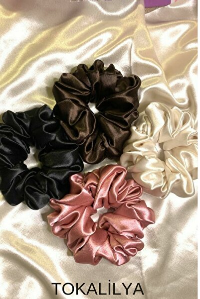 TOKALİLYA Kadın 4Lü Çapı 15 Cm Saten Saç Lastik Simit Scrunçhie Toka Seti
