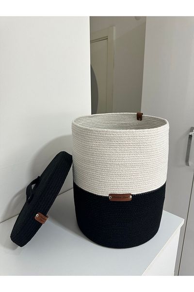 Sevdam Sepet Xxl Black White Large Size Covered Multi-Purpose Cotton Basket Laundry Basket, Toy Basket