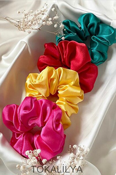 TOKALİLYA Kadın 4Lü Çapı 15 Cm Saten Saç Lastik Simit Scrunçhie Toka Seti