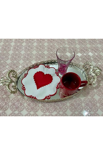 AYNAKIŞÇEYİZ 6-Piece Heart Patterned Valentine's Special Red Embroidery Linen Coffee Side Presentation Napkin