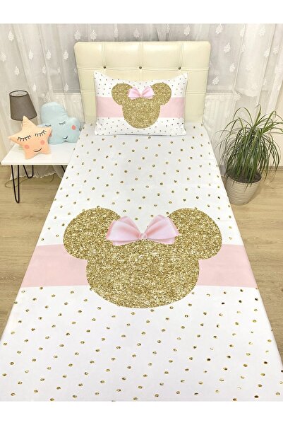 EVPANYA Altın Mickey Desenli Yatak Örtüsü Ve Yastık Kılıfı