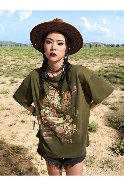 Machetta Μπλουζάκι μεγάλου μεγέθους Khaki Butterfly Printed Oversize