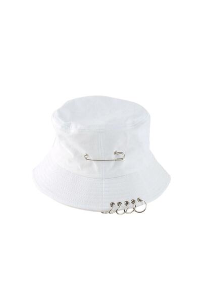Köstebek White K-Pop Piercing and Safety Pin Model Bucket Hat