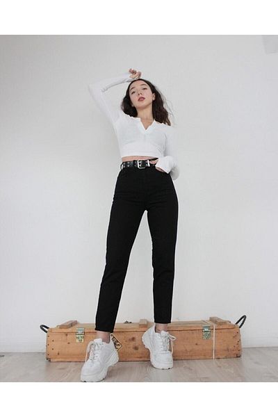 Trn JNS Felicita Black Colorfast Mom Jean Γυναικείο Boyfriend Παντελόνι Power Lycra με ψηλή μέση