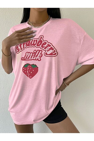 Machetta Μπλουζάκι μεγάλου μεγέθους Pink Strawberry Milk Printed Oversize