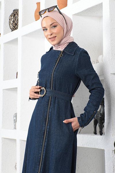 Modamihram Zipper Detailed Denim Cap Dark Denim 10022