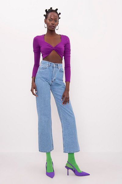 Livik Aliss Light Blue Power Lycra Pantaloni de damă cu talie înaltă, cu picior largi, blugi largi