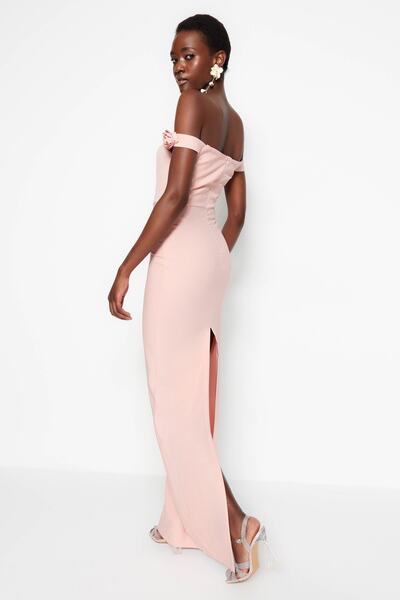 Trendyol Collection Μακρύ βραδινό φόρεμα αποξηραμένο τριαντάφυλλο με υφαντά αξεσουάρ TPRSS23AE00044