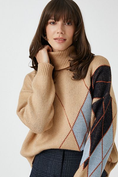 Koton Damenpullover mit Kamelhaarmuster 3WAK90341HT
