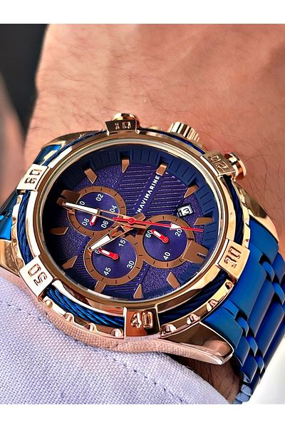 Navimarine Navy Blue Color Steel Strap Men's Wristwatch Bracelet Gift