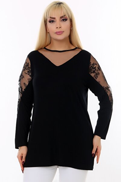 Kheos Round Neck Chest And Shoulder Tulle Detail Long Sleeve Flexible Stylish And Cool Lycra Plus Size Blouse