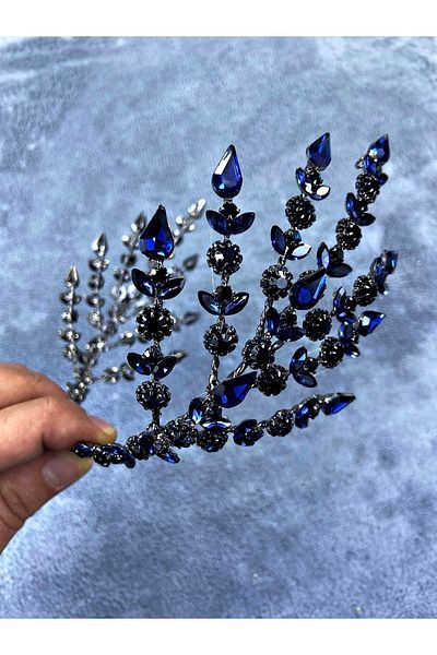 Hobigram Model Selen cu două fețe albastru bleumarin și coroană de mireasă – Coroană, piatră de cristal, model elegant, coroană de mireasă –