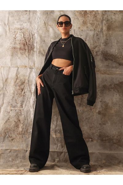 Ramrod Candel Women's Non-Fading Black High Waist Plaszo Jeans Wide Leg Jeans Recovery