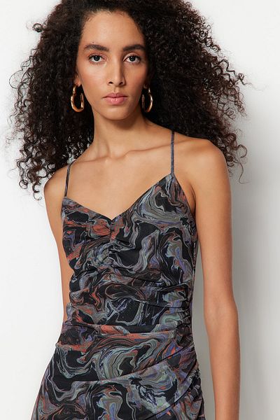 Trendyol Collection Rochie tricotată cu model neagră, elastică din tul - TWOSS23EL00646