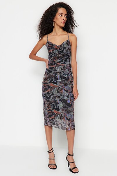 Trendyol Collection Černé vzorované pletené šaty z pružného tylu - TWOSS23EL00646