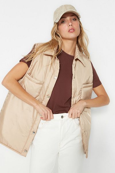 Trendyol Collection Beige Oversize Quilted Vest with Pocket Detail TWOAW23YE00045