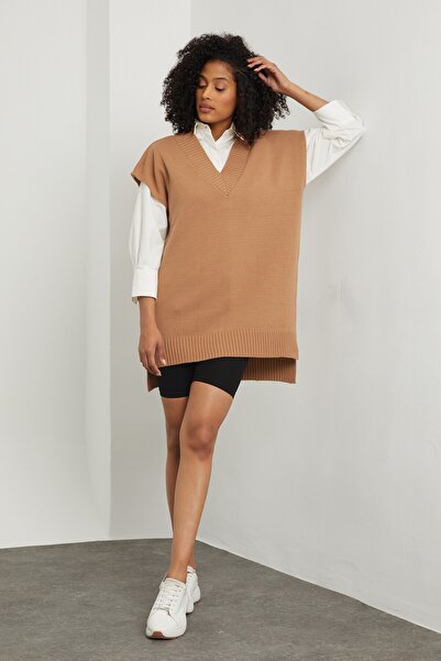 ALTINER TRİKO Kadın Camel V Yaka Uzun Süveter