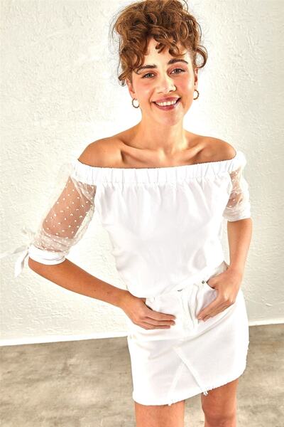 oshebu Εκρού – Γυναικεία μπλούζα με γιακά Μαντούνα με μανίκια από τούλι